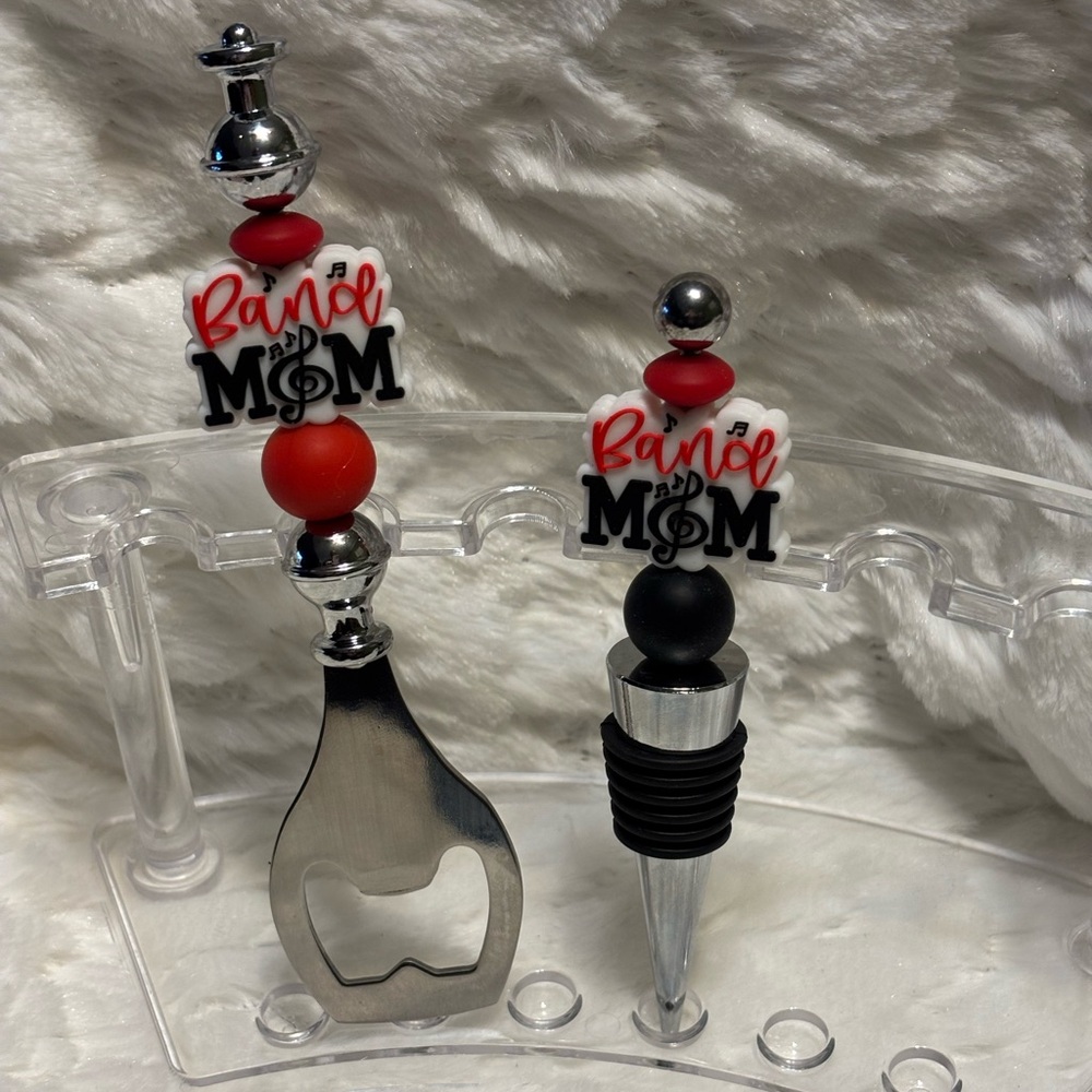 “Band Mom”-Red and Black Wine Bottle Stopper and Opener Set
